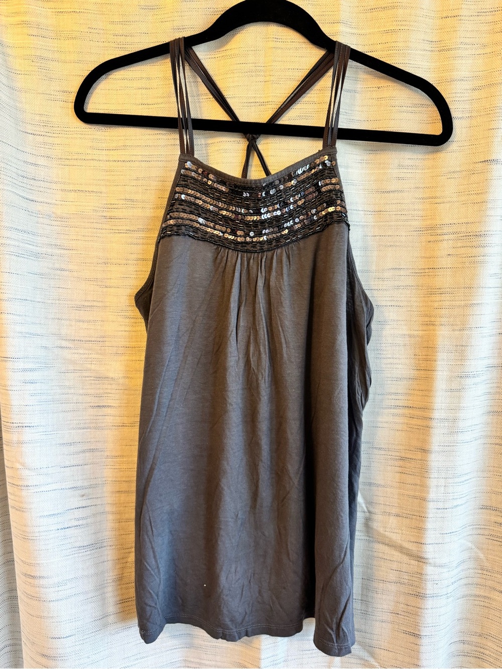 Express Charcoal Gray Sequin Yoke Strappy Tank